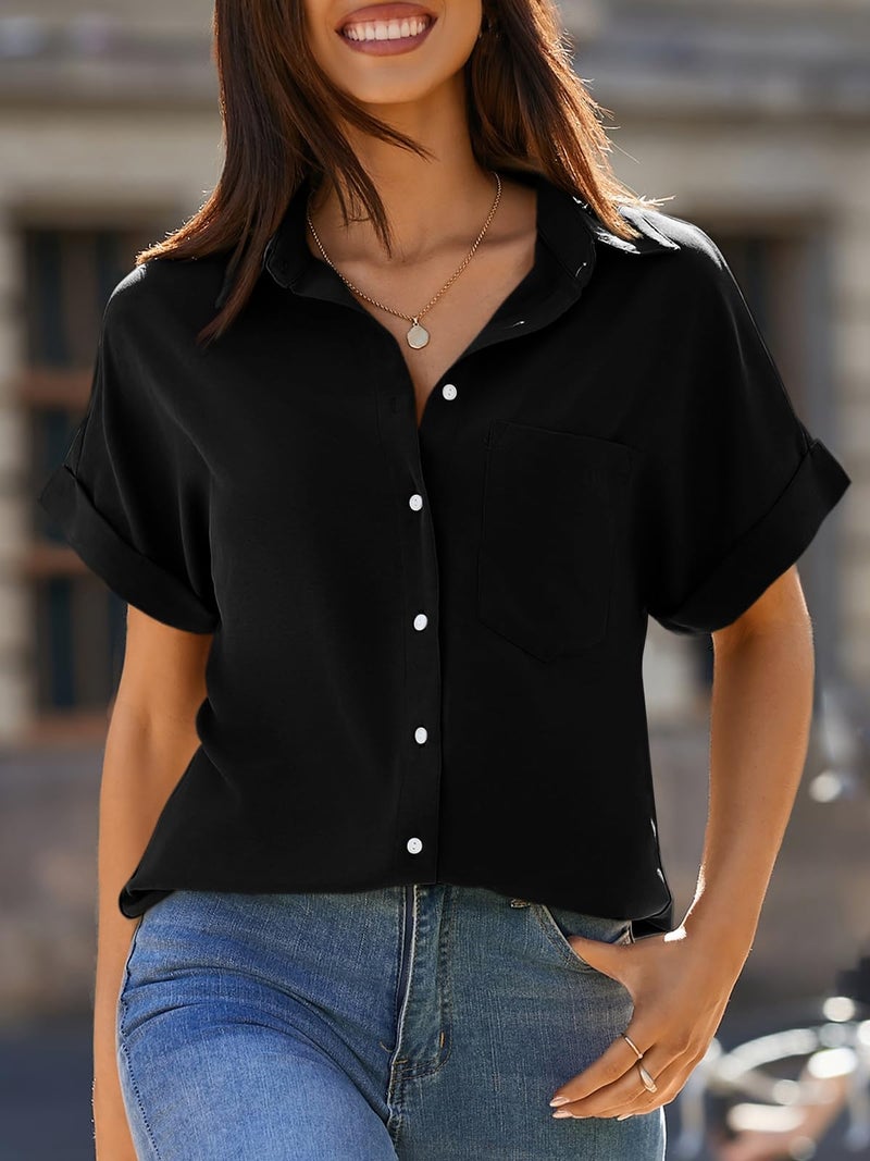 Beautife Womens Short Sleeve Shirts V Neck Collared Button Down Shirt Tops with Pockets Black - Image 3